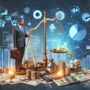 Financial Ethics graphic showing scales, coins, cash and a business man