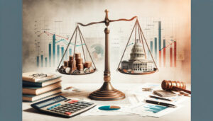 conceptually interprets "Balancing Budgets: The Role of State Representatives in Fiscal Policy." It showcases a balance scale with coins on one side and a legislative building on the other, along with a calculator and financial charts, set against an abstract government backdrop. This representation focuses on the theme of state representatives' involvement in fiscal decisions, avoiding the use of actual humans, text, or writing.