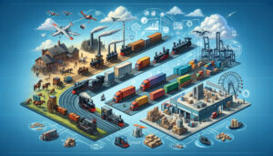image depicting 'The Evolution of Supply Chain Logistics'. The design is dynamic, informative, and visually compelling, effectively conveying the progression from traditional to modern and future supply chain practices.