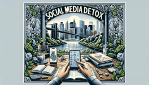graphic illustration depicting the concept of a social media detox, designed with a New York coastal elite aesthetic