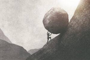 illustration of strong man pushing big rock uphill, surreal conc