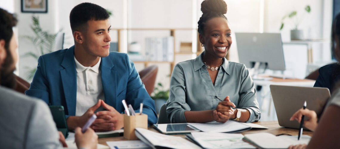 Meeting, job interview and business people in office for recruitment, vacancy or hiring opportunity. Happy, discussion and hr managers with candidates for resume with onboarding process in workplace.