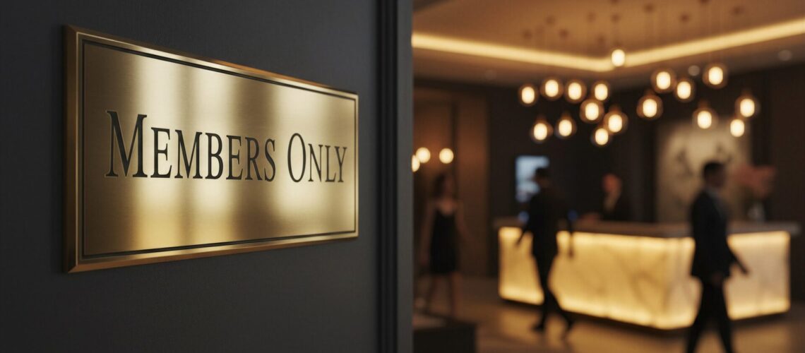 Members only sign on a wall in a luxurious hotel lobby or private club entrance