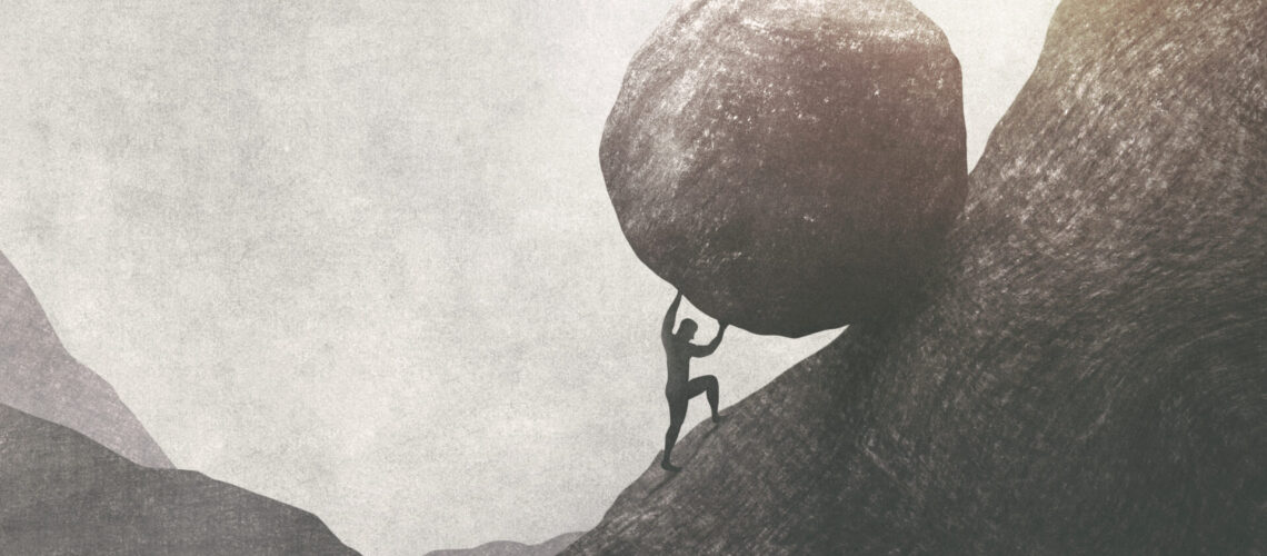 illustration of strong man pushing big rock uphill, surreal conc