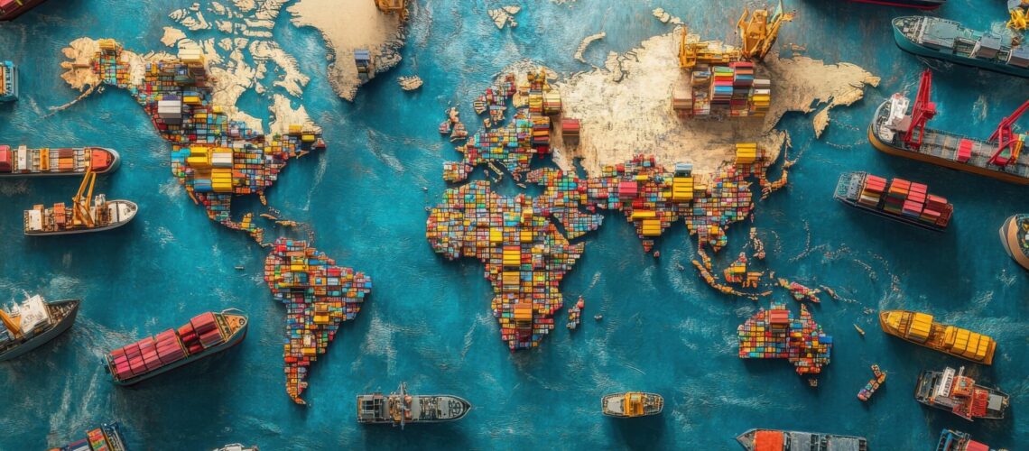 Aerial view of a global shipping network with a world map overlaid.