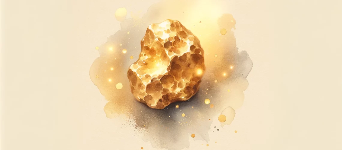 minimalist watercolor image depicting the concept of gold, focusing on the elegance and value of a shimmering gold nugget against a soft background, using subtle washes of golden hues to create a sense of warmth and wealth.