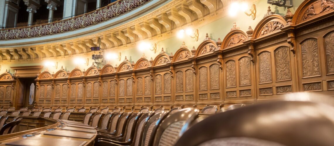 Interior view of the elegant Swiss Parliament council chamber in Bern, Switzerland.